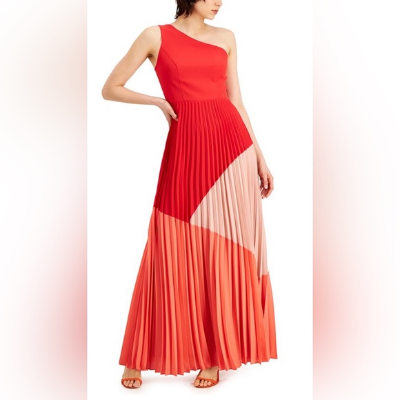 Aidan by Aidan Mattox One-Shoulder Pleated Colorblocked Gown Red, Orange, Pink - Picture 1 of 2